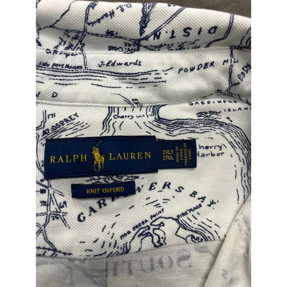 Ralph‎ Lauren Mens 2XLT Knit Oxford Polo Shirt Hamptons Map Montauk White Navy